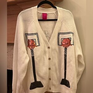 QUEEN OF SPARKLES White Cardigan with Basketball Hoop Design